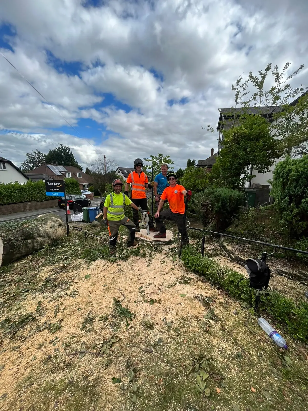 DW Treecare crew standing on a freshly cut stump beside a felled trunk on a residential street